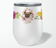 Pug - Fawn - Pink Flowers Stainless Steel 12 oz Stemless Wine Glass