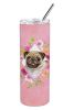 Pug - Fawn - Pink Flowers Stainless Steel Skinny Tumbler