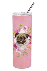 Pug - Fawn - Pink Flowers Stainless Steel Skinny Tumbler