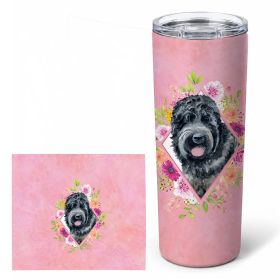 Black Russian Terrier Pink Flowers Stainless Steel Skinny Tumbler