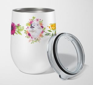 Samoyed Pink Flowers Stainless Steel 12 oz Stemless Wine Glass