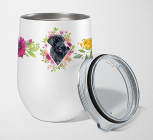 Giant Schnauzer Pink Flowers Stainless Steel 12 oz Stemless Wine Glass