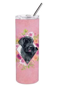 Giant Schnauzer Pink Flowers Stainless Steel Skinny Tumbler