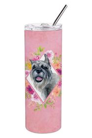 Schnauzer Pink Flowers Stainless Steel Skinny Tumbler
