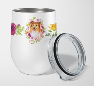 Sheltie/Shetland Sheepdog Pink Flowers Stainless Steel 12 oz Stemless Wine Glass