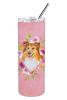 Sheltie Shetland Sheepdog Pink Flowers Stainless Steel Skinny Tumbler