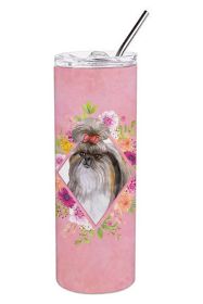 Shih Tzu 1 Pink Flowers Stainless Steel Skinny Tumbler