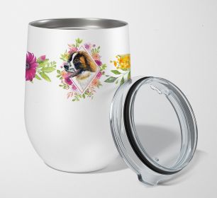 Saint Bernard #2 Pink Flowers Stainless Steel 12 oz Stemless Wine Glass