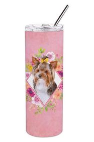 Yorkshire Terrier #1 Pink Flowers Stainless Steel Skinny Tumbler