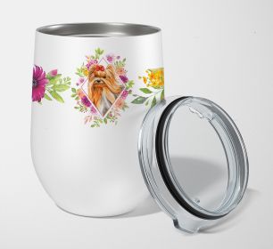 Yorkshire Terrier #2 Pink Flowers Stainless Steel 12 oz Stemless Wine Glass
