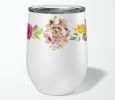 Yorkie Pink Flowers Stainless Steel 12 oz Stemless Wine Glass