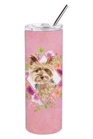 Yorkie Pink Flowers Stainless Steel Skinny Tumbler
