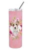 Jack Russell Terrier Pink Flowers Stainless Steel Skinny Tumbler