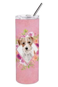 Jack Russell Terrier Pink Flowers Stainless Steel Skinny Tumbler