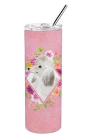 Poodle 1 - White - Standard - Pink Flowers Stainless Steel Skinny Tumbler