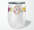 Westie Pink Flowers Stainless Steel 12 oz Stemless Wine Glass