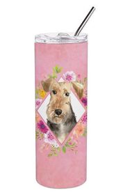Airedale Terrier Pink Flowers Stainless Steel Skinny Tumbler