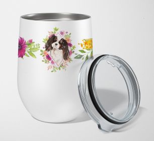 Cavalier King Charles Spaniel - Tricolor - Pink Flowers Stainless Steel 12 oz Stemless Wine Glass