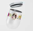 Cavalier King Charles Spaniel - Tricolor - Pink Flowers Stainless Steel 12 oz Stemless Wine Glass