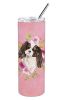 Cavalier King Charles Spaniel - Tricolor - Pink Flowers Stainless Steel Skinny Tumbler