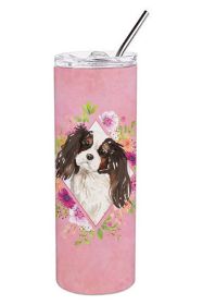 Cavalier King Charles Spaniel - Tricolor - Pink Flowers Stainless Steel Skinny Tumbler
