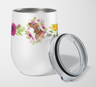 Dachshund Pink Flowers Stainless Steel 12 oz Stemless Wine Glass
