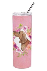 Dachshund Pink Flowers Stainless Steel Skinny Tumbler