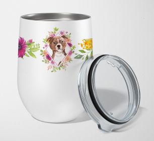 Staffie Bull Terrier Pink Flowers Stainless Steel 12 oz Stemless Wine Glass