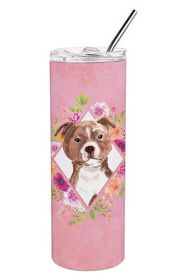 Staffie Bull Terrier Pink Flowers Stainless Steel Skinny Tumbler