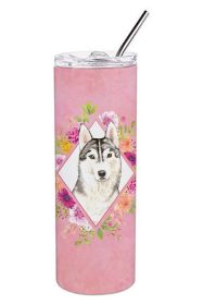 Siberian Husky Pink Flowers Stainless Steel Skinny Tumbler
