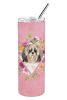 Shih Tzu Pink Flowers Stainless Steel Skinny Tumbler