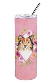 Sheltie Pink Flowers Stainless Steel Skinny Tumbler