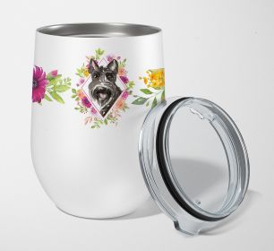 Scottish Terrier Pink Flowers Stainless Steel 12 oz Stemless Wine Glass