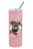 Rottweiler Pink Flowers Stainless Steel Skinny Tumbler