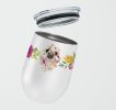 Pug - Fawn 1 - Pink Flowers Stainless Steel 12 oz Stemless Wine Glass