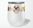 Pug - Fawn 1 - Pink Flowers Stainless Steel 12 oz Stemless Wine Glass
