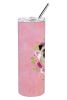 Pug 1 - Fawn - Pink Flowers Stainless Steel Skinny Tumbler