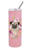 Pug 1 - Fawn - Pink Flowers Stainless Steel Skinny Tumbler