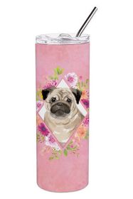 Pug 1 - Fawn - Pink Flowers Stainless Steel Skinny Tumbler