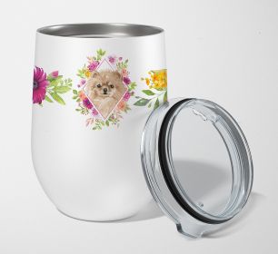 Pomeranian Pink Flowers Stainless Steel 12 oz Stemless Wine Glass