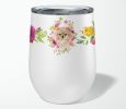 Pomeranian Pink Flowers Stainless Steel 12 oz Stemless Wine Glass