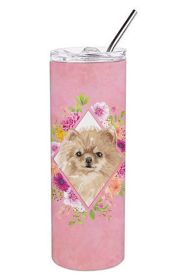 Pomeranian Pink Flowers Stainless Steel Skinny Tumbler