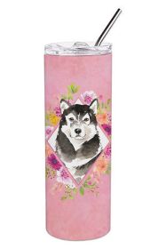 Alaskan Malamute 1 Pink Flowers Stainless Steel Skinny Tumbler