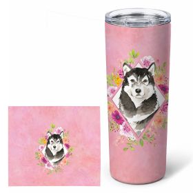 Alaskan Malamute 1 Pink Flowers Stainless Steel Skinny Tumbler