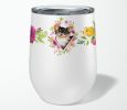 Chihuahua - Longhair - Pink Flowers Stainless Steel 12 oz Stemless Wine Glass
