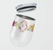 Japanese Spitz Pink Flowers Stainless Steel 12 oz Stemless Wine Glass