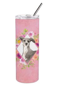 Italian Greyhound Pink Flowers Stainless Steel Skinny Tumbler