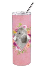 Poodle - Grey - Standard - Pink Flowers Stainless Steel Skinny Tumbler