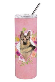 German Shepherd Pink Flowers Stainless Steel Skinny Tumbler