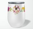 French Bulldog - Fawn - Pink Flowers Stainless Steel 12 oz Stemless Wine Glass